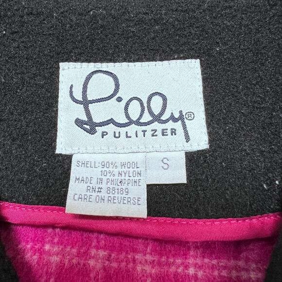 Lilly Pulitzer Wool Pea Coat SIZE Small Black Pink Lining Jacket Pockets - Picture 3 of 12